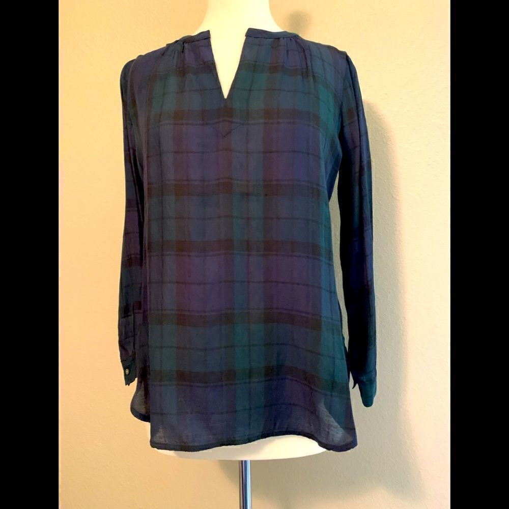 Ann Taylor Loft Softened shirt popover plaid blue green long sleeve button. NWT